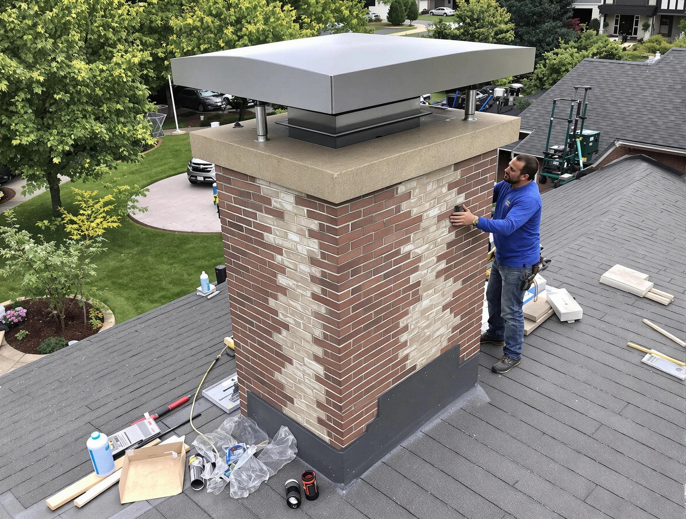 Malden Chimney Sweep team working on a custom chimney remodel in Malden, MA