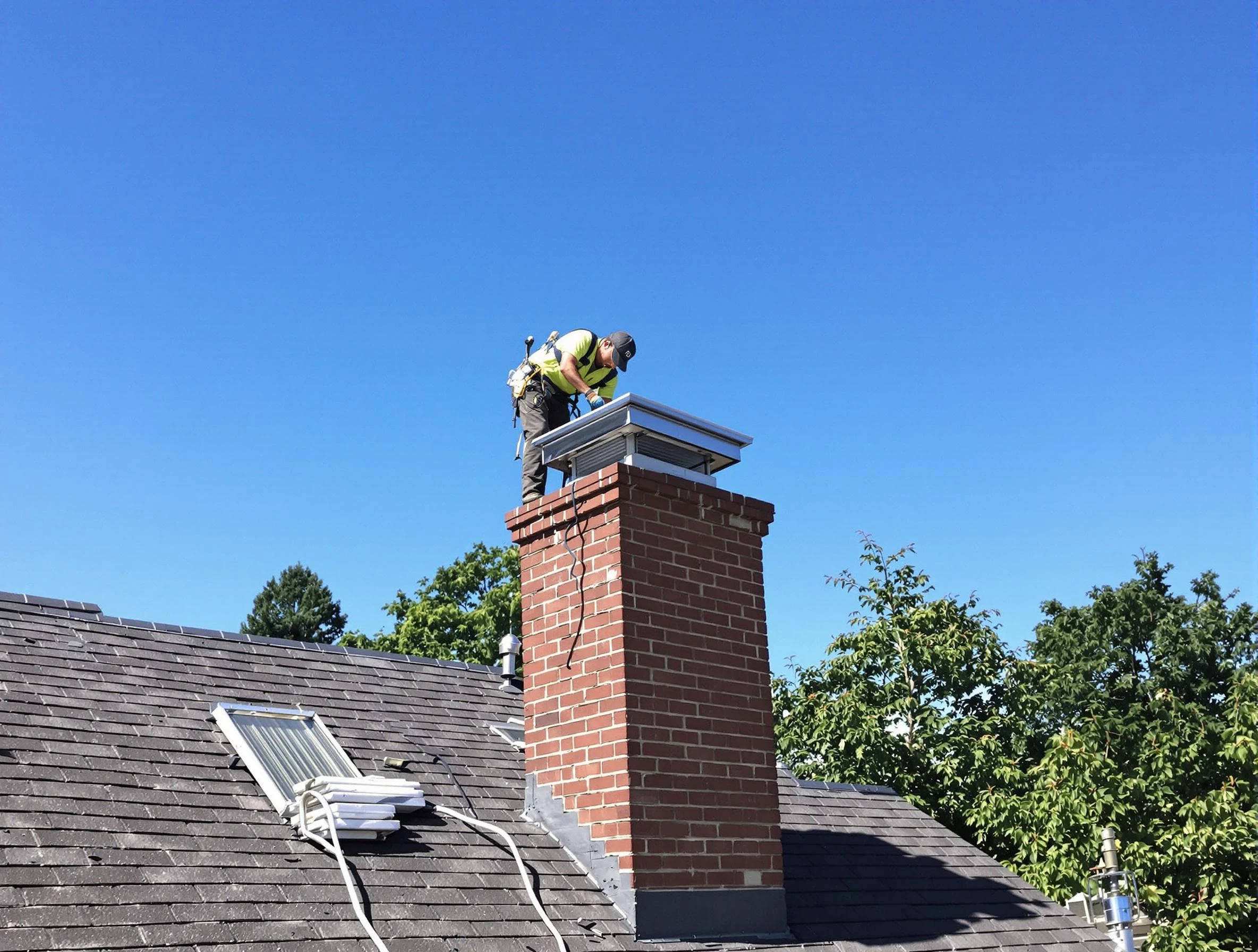 Malden Chimney Sweep technician measuring a chimney cap in Malden, MA