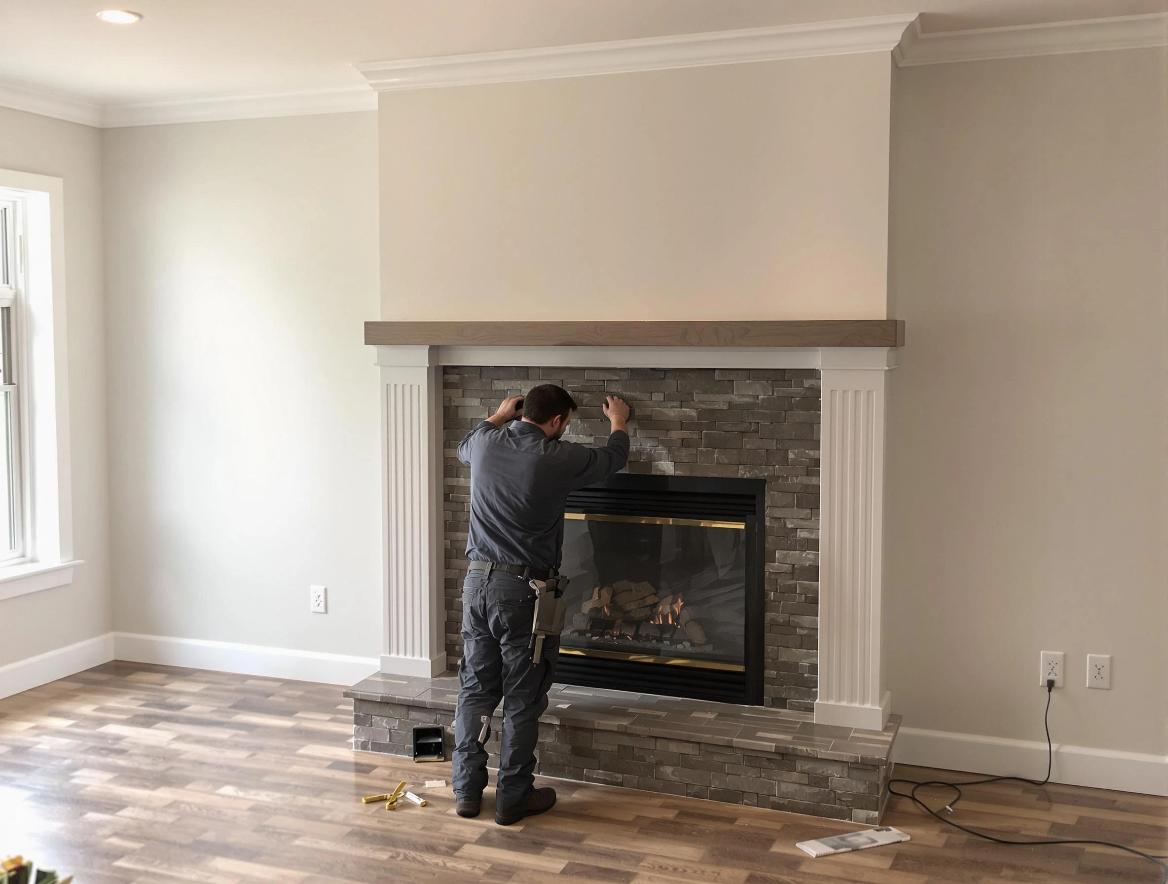 Malden Chimney Sweep finishing a custom fireplace install in Malden, MA